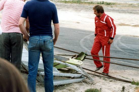 144 Pete Hamer examines his handiwork after demolishing the fence and starter's rostrum at Ringwood in '81 (Steve Greenaway)
