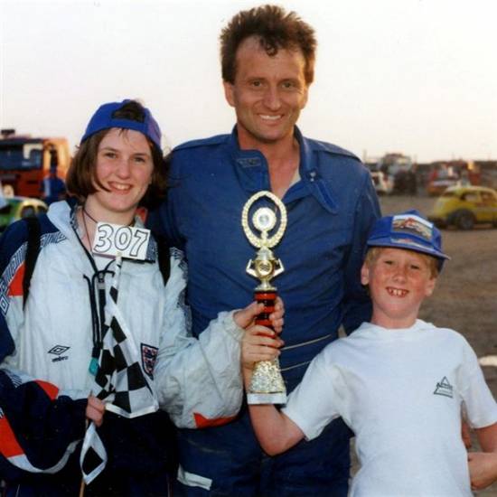 Ali and Christopher share 307 Tim's big moment after his heat win at Skegness on 16 August 1997.  At their request, I had only just replaced '2' with '307' on Ali's flag and added 307 and 302 to Christopher's hat.
