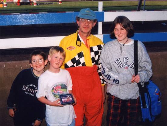 Christopher and his sister Ali, and schoolfriend Sean were delighted to have a photo taken with the very friendly and highly professional Ian Storer.  July 97 Coventry.
