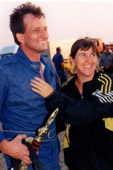 A very happy Tim and Chrissy Warwick after winning Heat 1 at Skeggy on Saturday 16 August 1997
