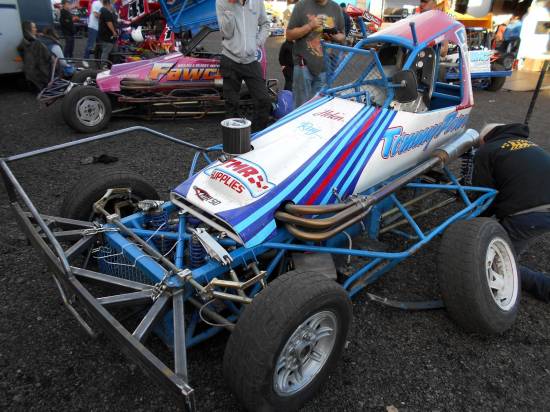Rob Mitchell executed a double rollover and damaged the wing and rear axle.
