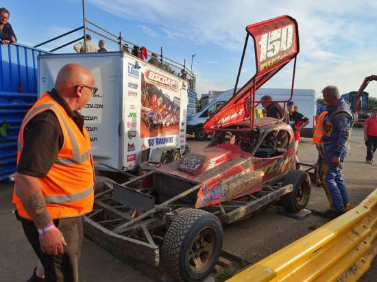 The adjustments throughout the meeting paid off for the 150 team with a fine Final victory. The car goes through the post-race checks under the authority of Dave Riley.
