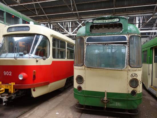 and the Towing car parked alongside German tram 902 from Halle an der Saale (HAVAG)
