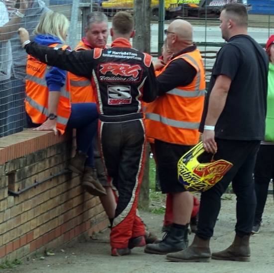Despite it being a full re-start he wasn't allowed back on track. He is discussing the situation with the decision makers.
