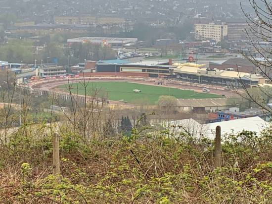 A long distance view of the stadium from up in them thar hills
