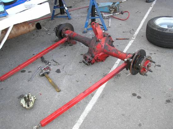 LD back axle removed to re-weld panhard bar mounting
