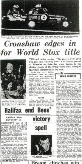 Report on 1971 World Final Coventry Evening Telegraph 6th Sept 1971
Photocopied from microfiche courtesy of Coventry Central Library
