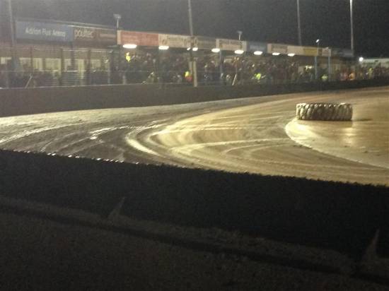 Early on the track was super smooth on the inside but sloppy on the outside due to persistent rain.
