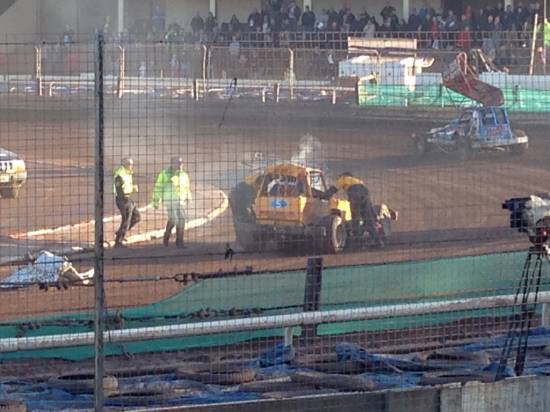 330, flipped onto his roof at turn 3 then collected by 313 whilst on his roof - turning him back onto his wheels

