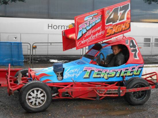 F2 World Of Shale at Mildenhall - Fri 15th Sept 2017. Patrick Tersteeg smiling in front of the Horny bus 
