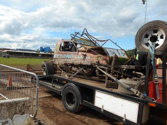 Karl Roberts' car after having a go at the Sheffield fence in the Final
