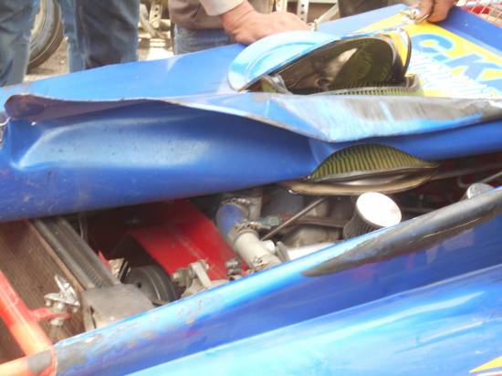Shaun Webster was lucky not to get serious engine damage after a car rode over his front end. 

