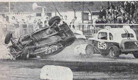 Gerry entertains the fans with a rollover in front of the Brafield grandstand
